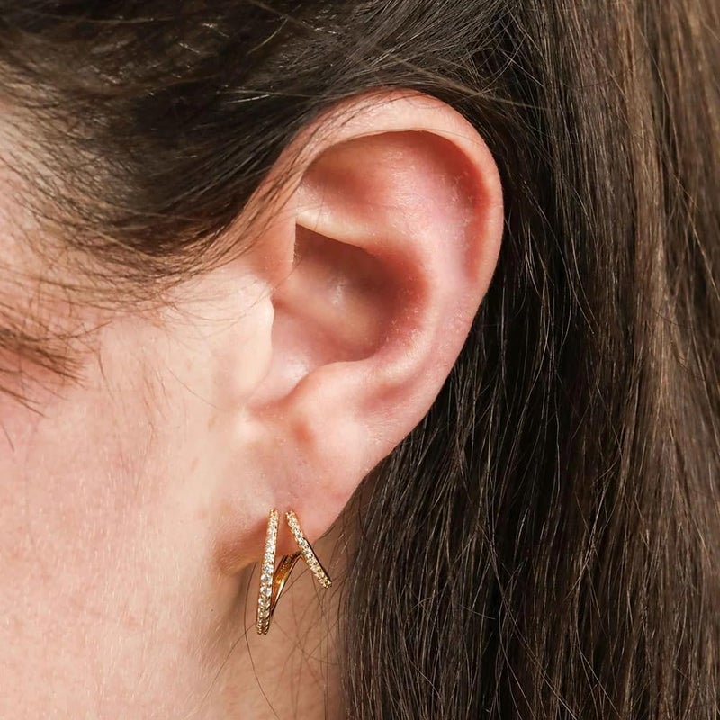 Obidos 14K Gold Plated Triple Huggie Illusion Stud Earrings | Double Huggie Hoop Earrings for One Hole | Gold Hoop Earrings for Women | Drop earrings - Image 3